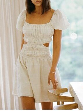 Sabo Wolfie Smocked Cutout Puff Sleeve Mini Dress in Soft Cream